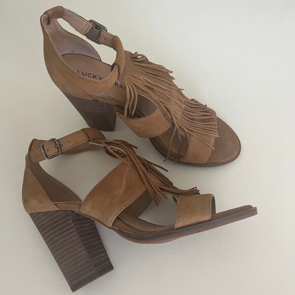 Lucky Brand 'Leesha' Womens 7.5 Fringe Block Heel Tan Nubuck Leather - Picture 2 of 11